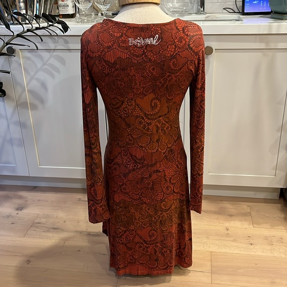 VGUC Desigual red faux wrap dress with black floral embroidery. - Picture 7 of 10